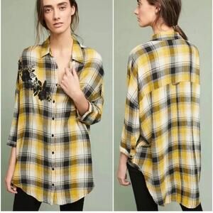 Anthropologie Maeve Embroidered Plaid Oversized Shirt XS/S